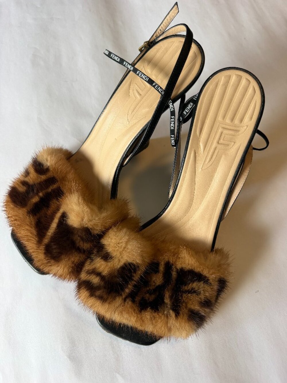 Authentic Fendi Fur Logo Ankle-Strap Heeled Sandals Black Size 40
